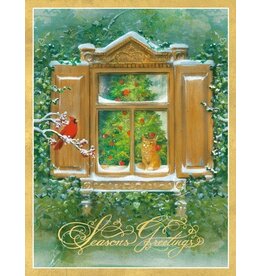 Caspari Boxed Christmas Cards 15pk  Wintery Window View