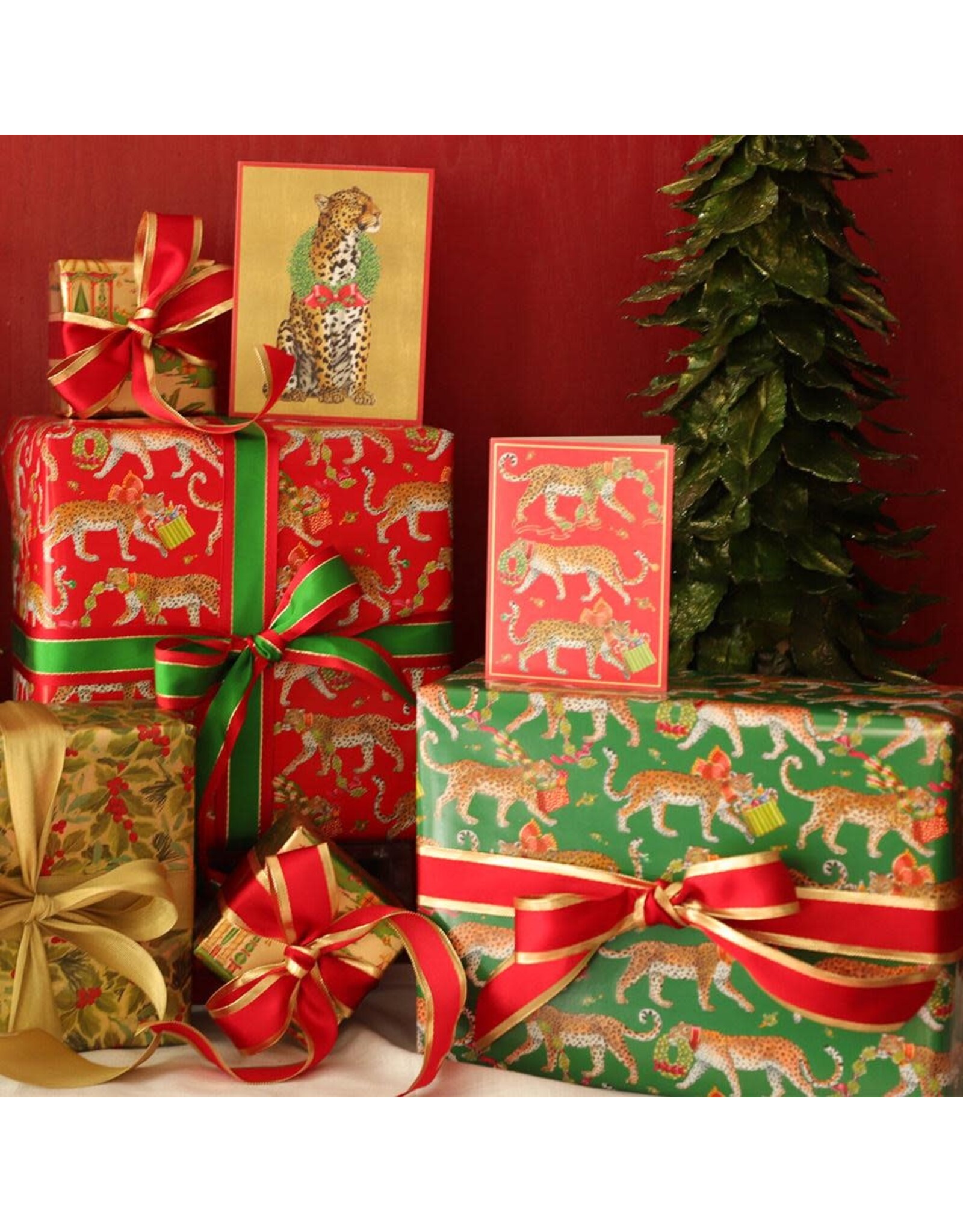 Caspari Christmas Gift Wrapping Paper 8ft Roll Christmas Leopards DG