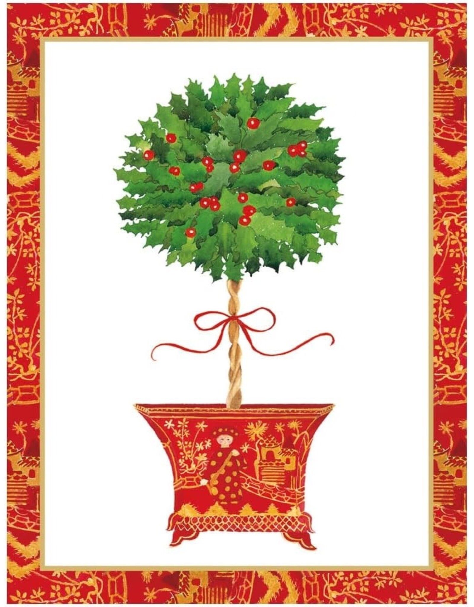Caspari Boxed Christmas Cards 15pk Holly Topiary In Red Pot