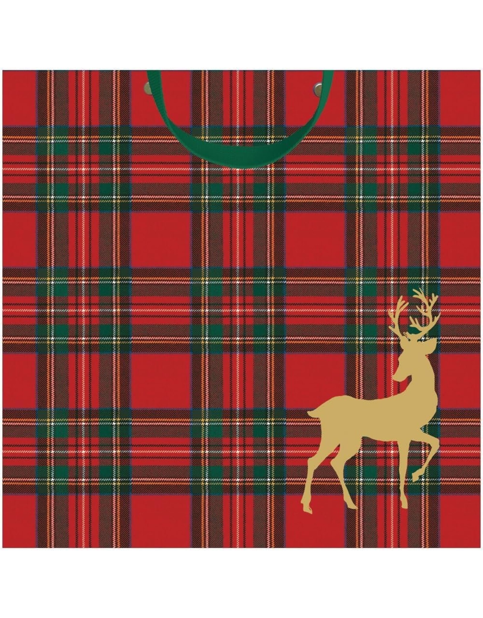 Caspari Christmas Gift Bag Md 9.75x9.75x4 Royal Plaid Reindeer