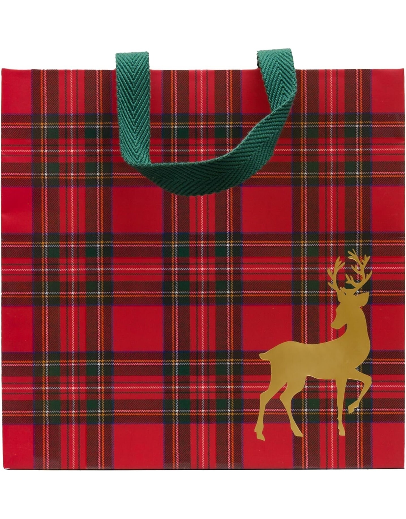 Caspari Christmas Gift Bag Md 9.75x9.75x4 Royal Plaid Reindeer