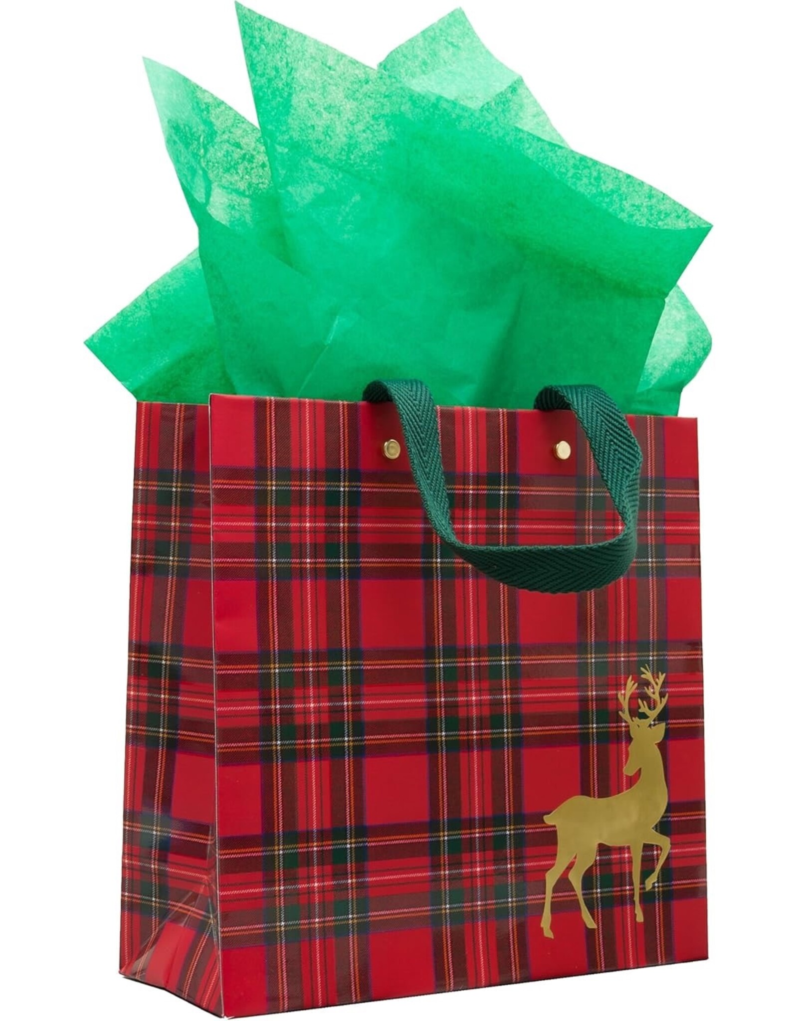 Caspari Christmas Gift Bag Md 9.75x9.75x4 Royal Plaid Reindeer
