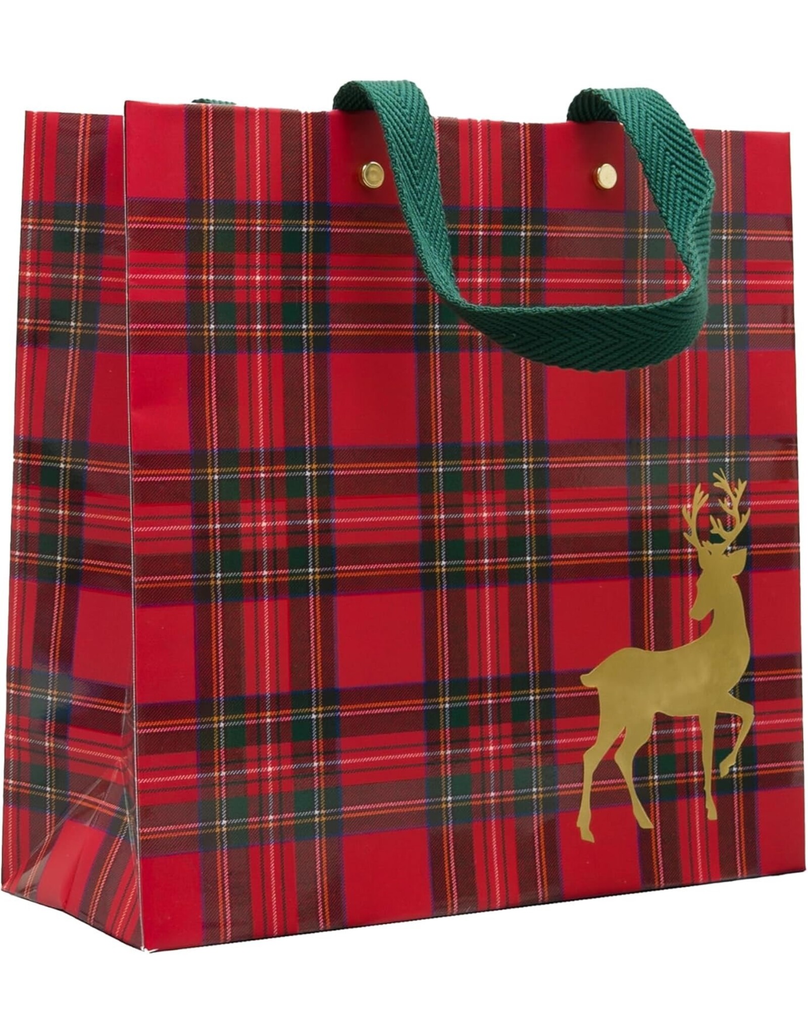 Caspari Christmas Gift Bag Md 9.75x9.75x4 Royal Plaid Reindeer