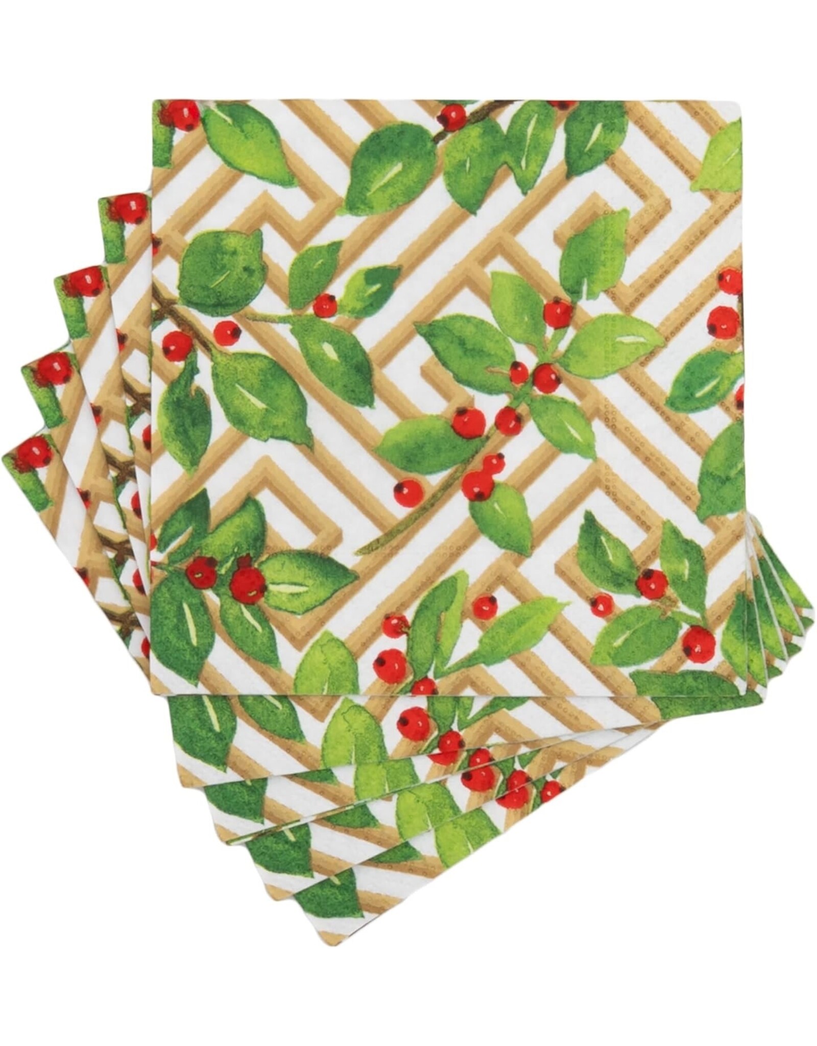 Caspari Christmas Paper Cocktail Napkins 20pk Holly and Fretwork
