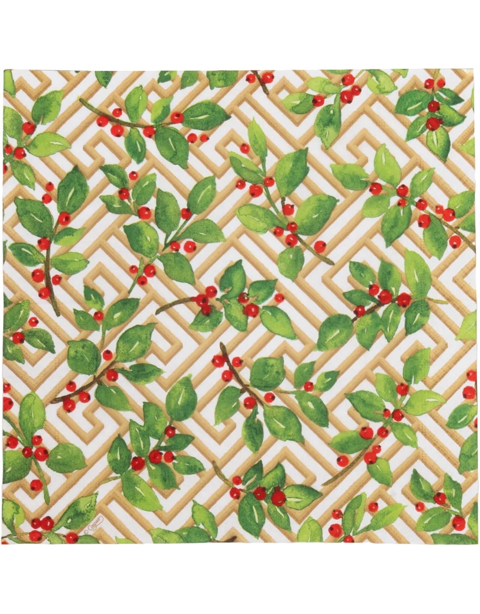 Caspari Christmas Paper Cocktail Napkins 20pk Holly and Fretwork