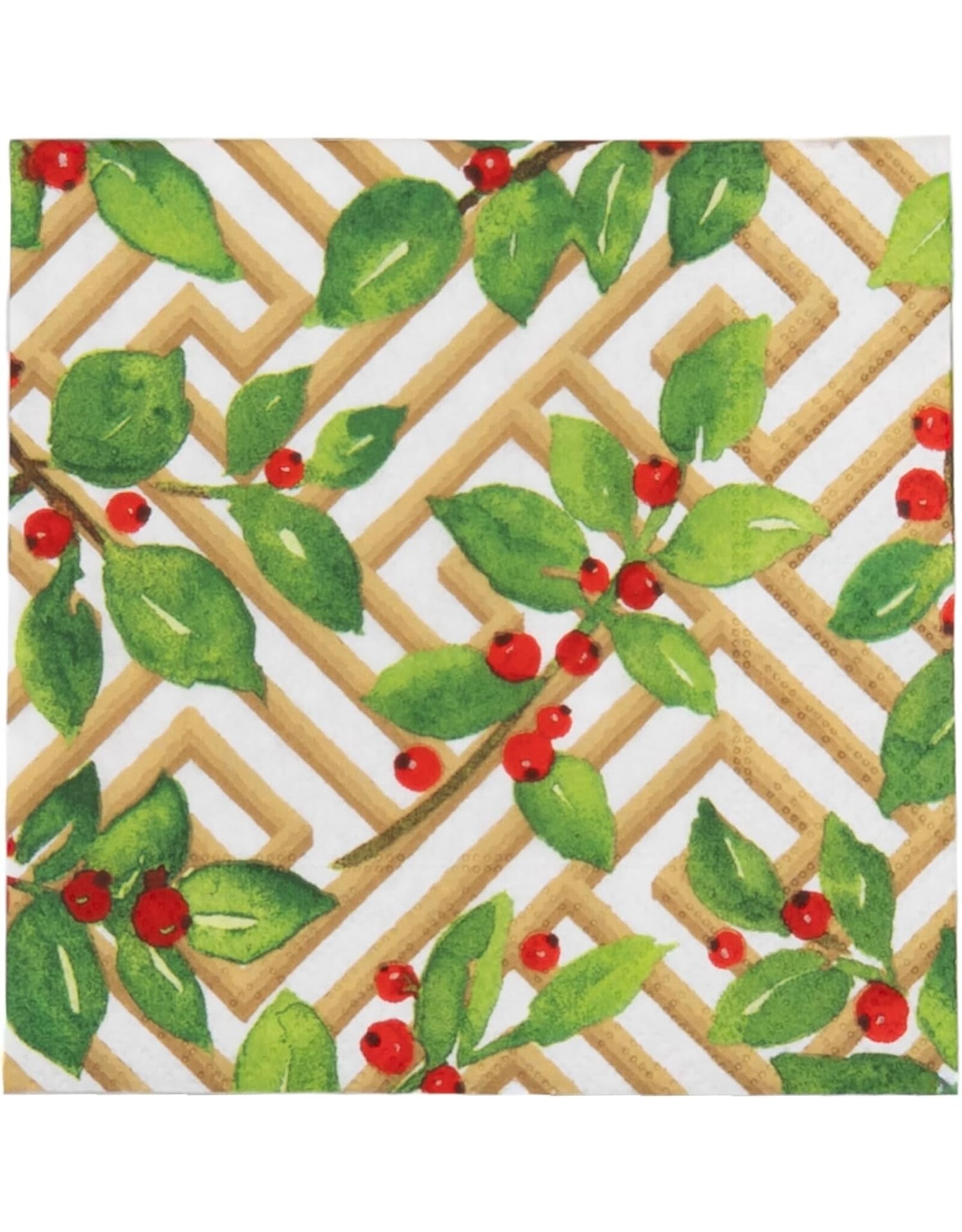 Caspari Christmas Paper Cocktail Napkins 20pk Holly and Fretwork