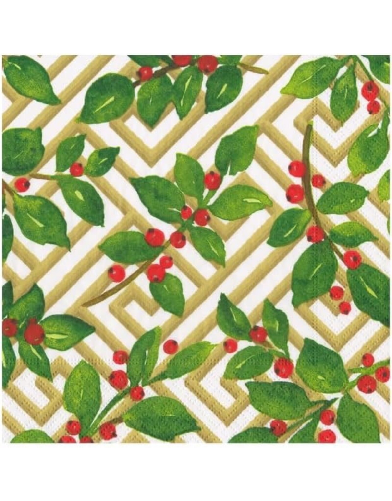 Caspari Christmas Paper Cocktail Napkins 20pk Holly and Fretwork