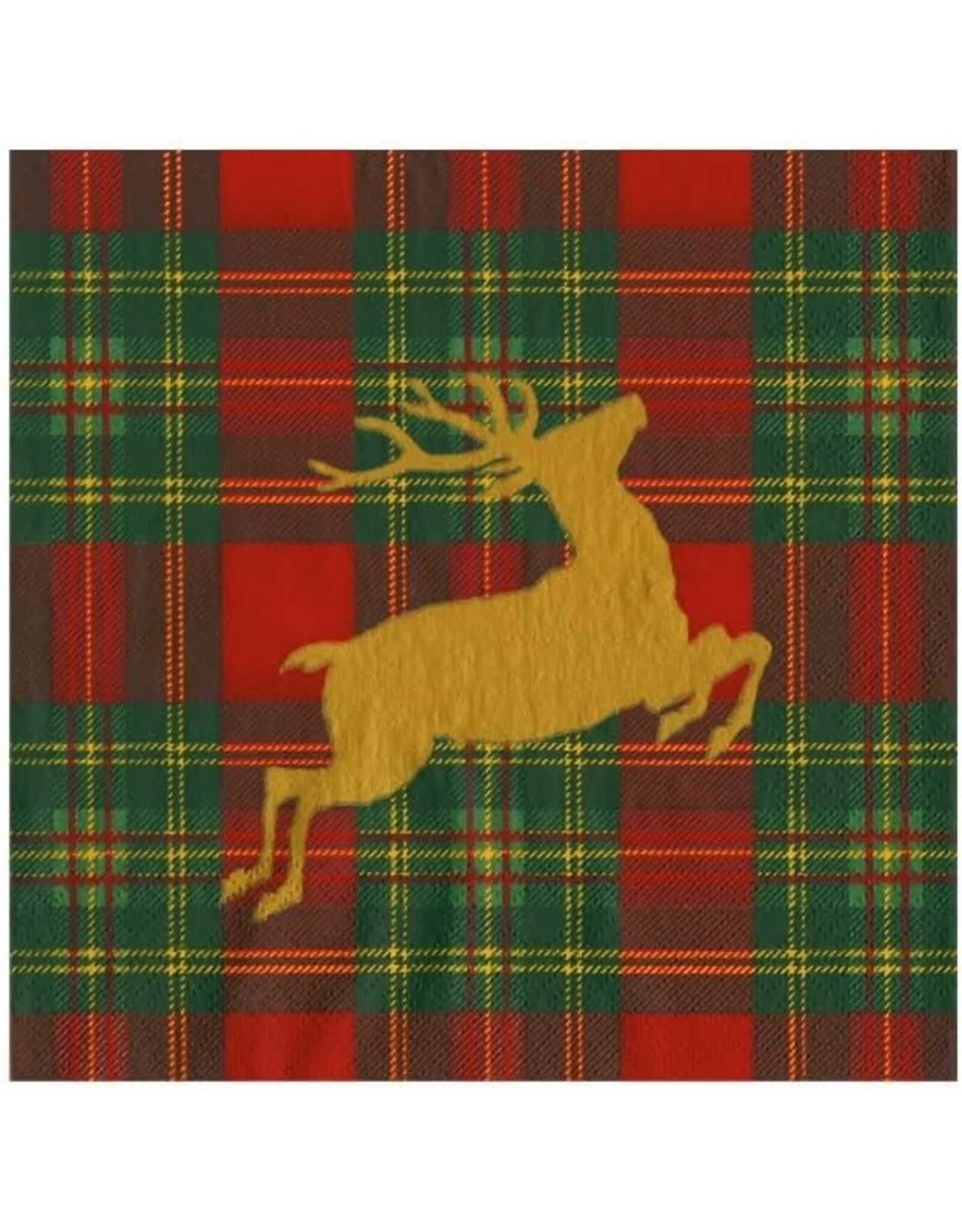 Caspari Christmas Paper Cocktail Napkins 20pk Reindeer Tartan