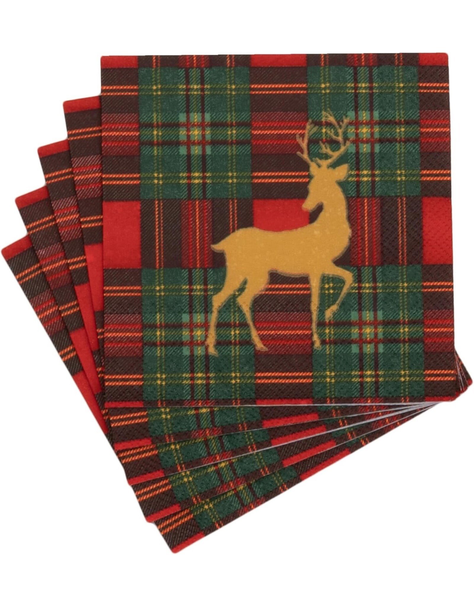 Caspari Christmas Paper Cocktail Napkins 20pk Reindeer Tartan