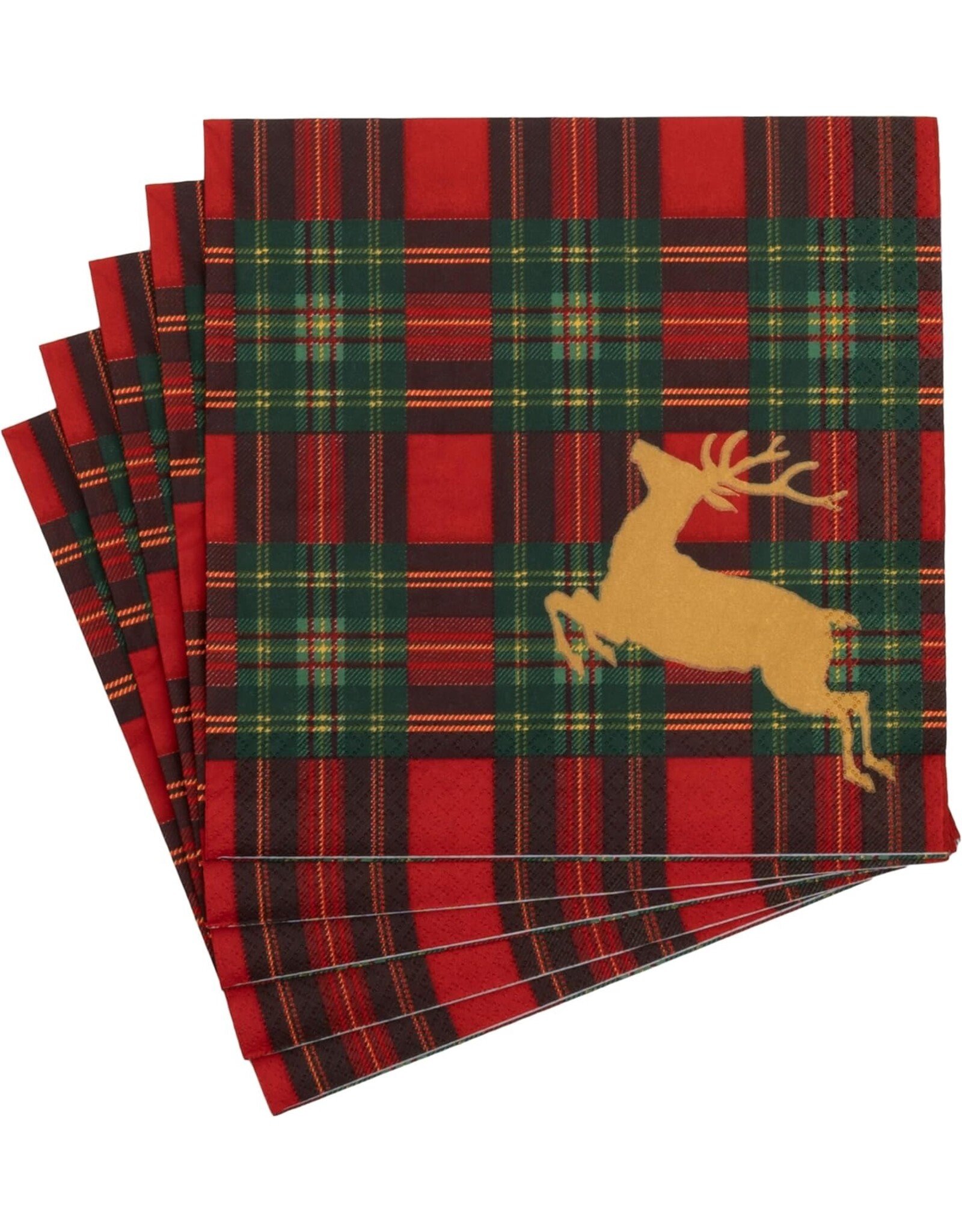 Caspari Christmas Dinner Napkins 20pk Reindeer Tartan