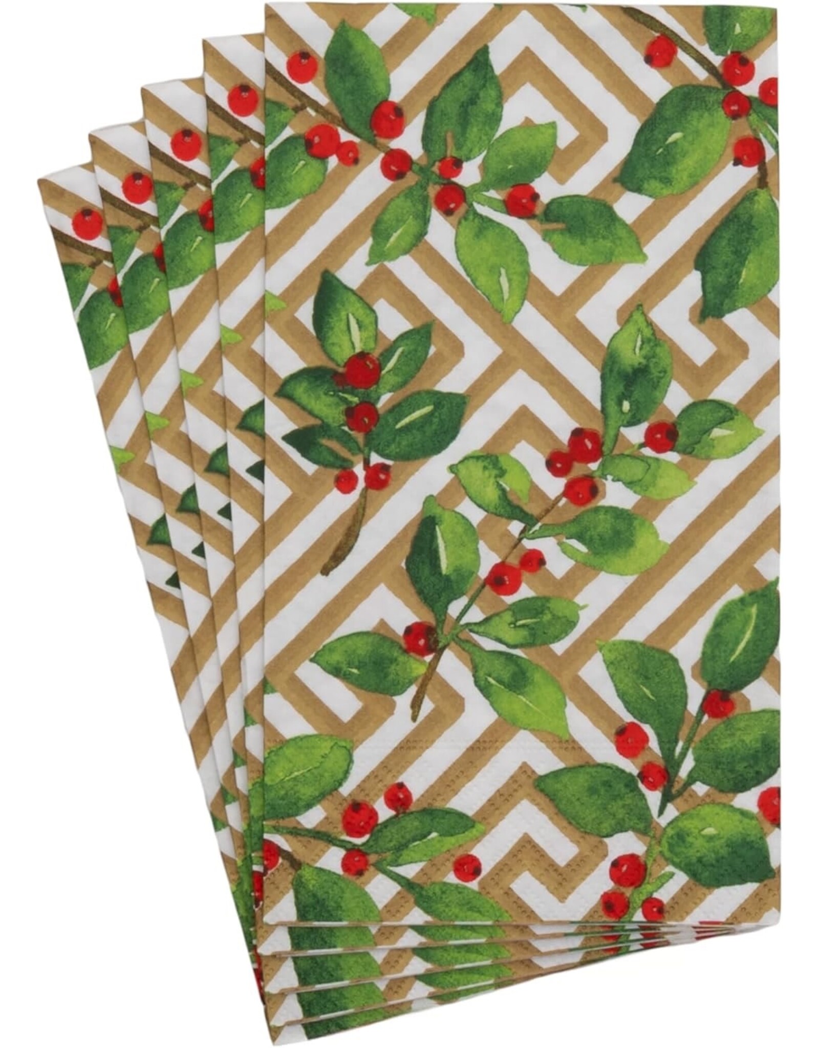 Caspari Christmas Guest Towel Napkins 15pk Holly And Fretwork