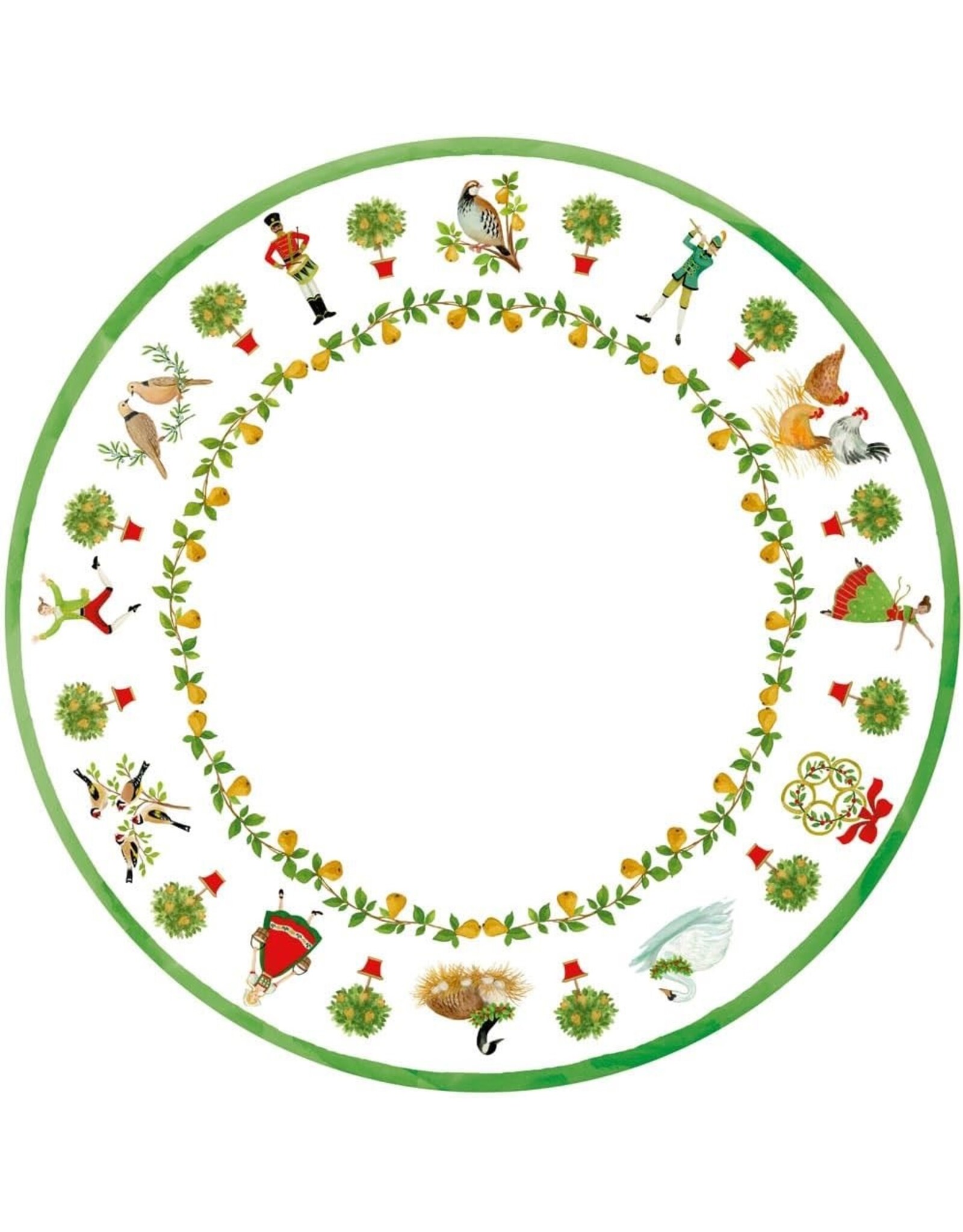 Caspari Christmas Paper Dinner Plates Round 8pk On the Twelfth Day