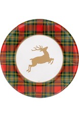 Caspari Christmas Paper Dinner Plates Round 8pk Reindeer Tartan
