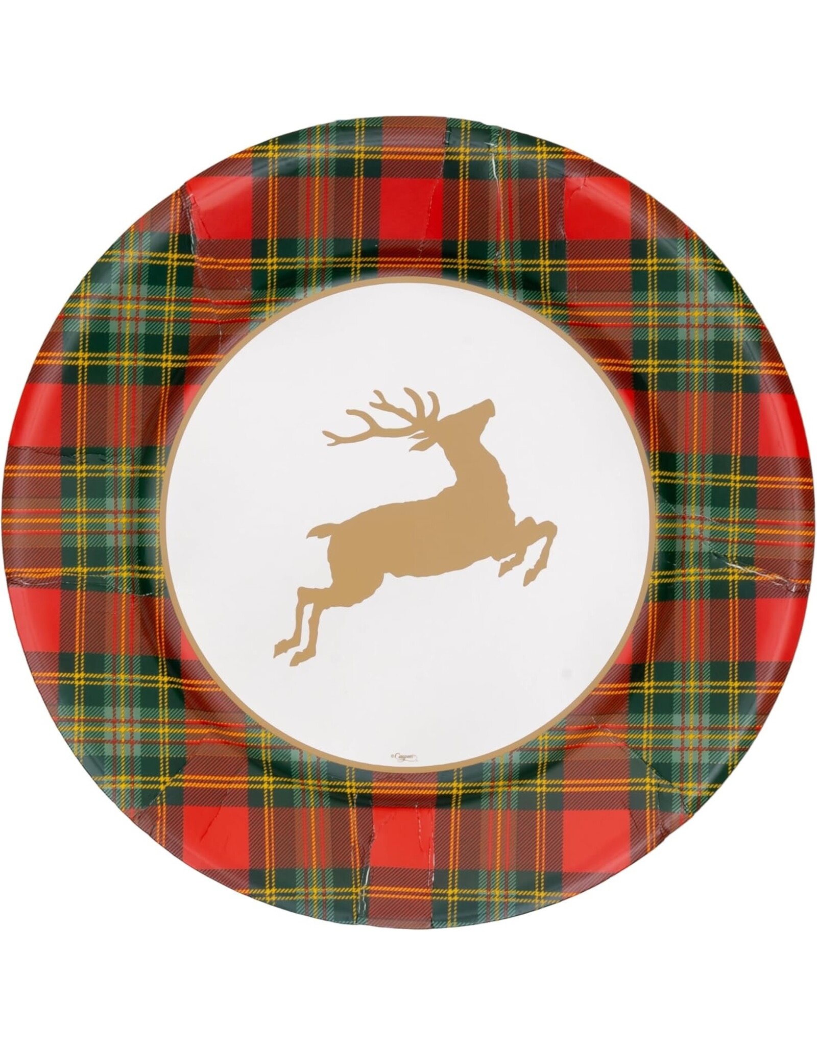 Caspari Christmas Paper Dinner Plates Round 8pk Reindeer Tartan