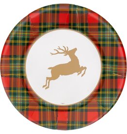 Caspari Christmas Paper Dinner Plates Round 8pk Reindeer Tartan