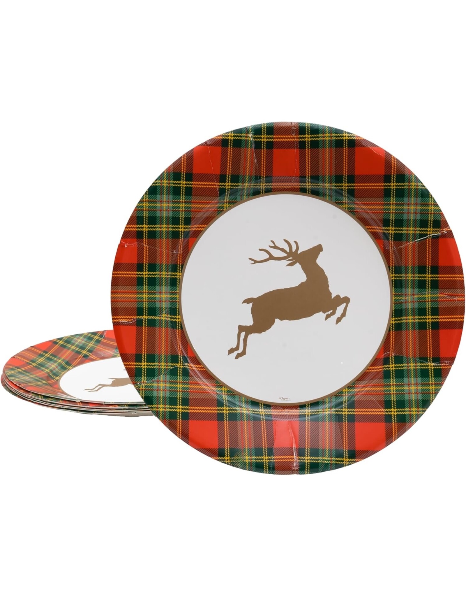 Caspari Christmas Paper Dinner Plates Round 8pk Reindeer Tartan