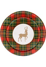 Caspari Christmas Paper Dinner Plates Round 8pk Reindeer Tartan