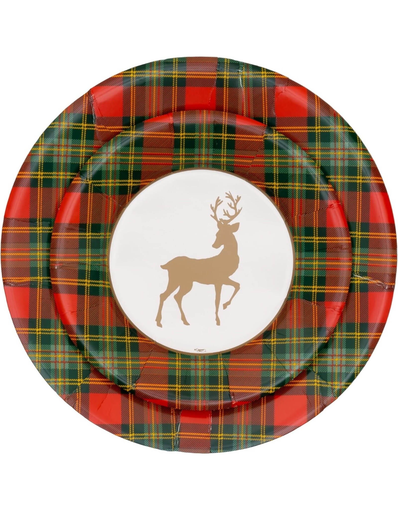 Caspari Christmas Paper Dinner Plates Round 8pk Reindeer Tartan