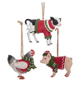 Kurt Adler Farm Animals Wearing Sweaters Ornaments 3 Assorted