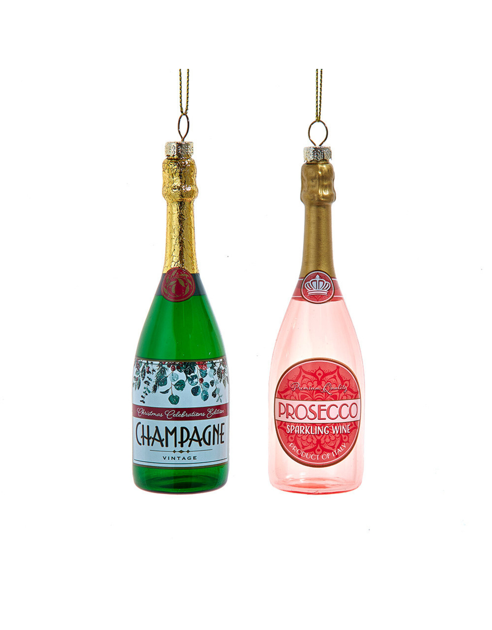 Kurt Adler Glass Champagne And Prosecco Bottle Ornaments 2 Assorted