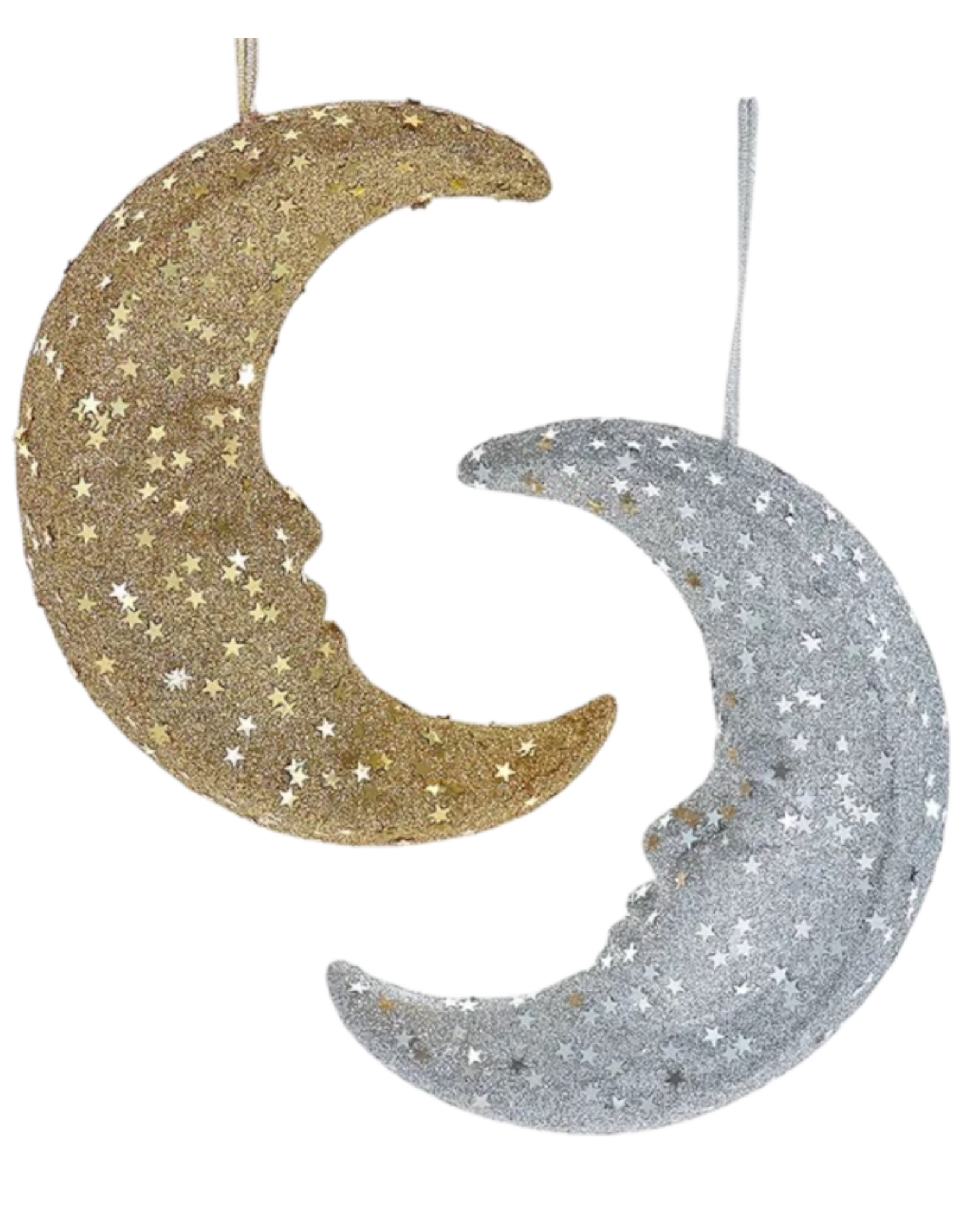 Kurt Adler Silver n Gold Moon Ornaments w Star Shaped Sequins Set