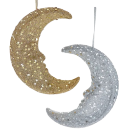 Kurt Adler Silver n Gold Moon Ornaments w Star Shaped Sequins Set