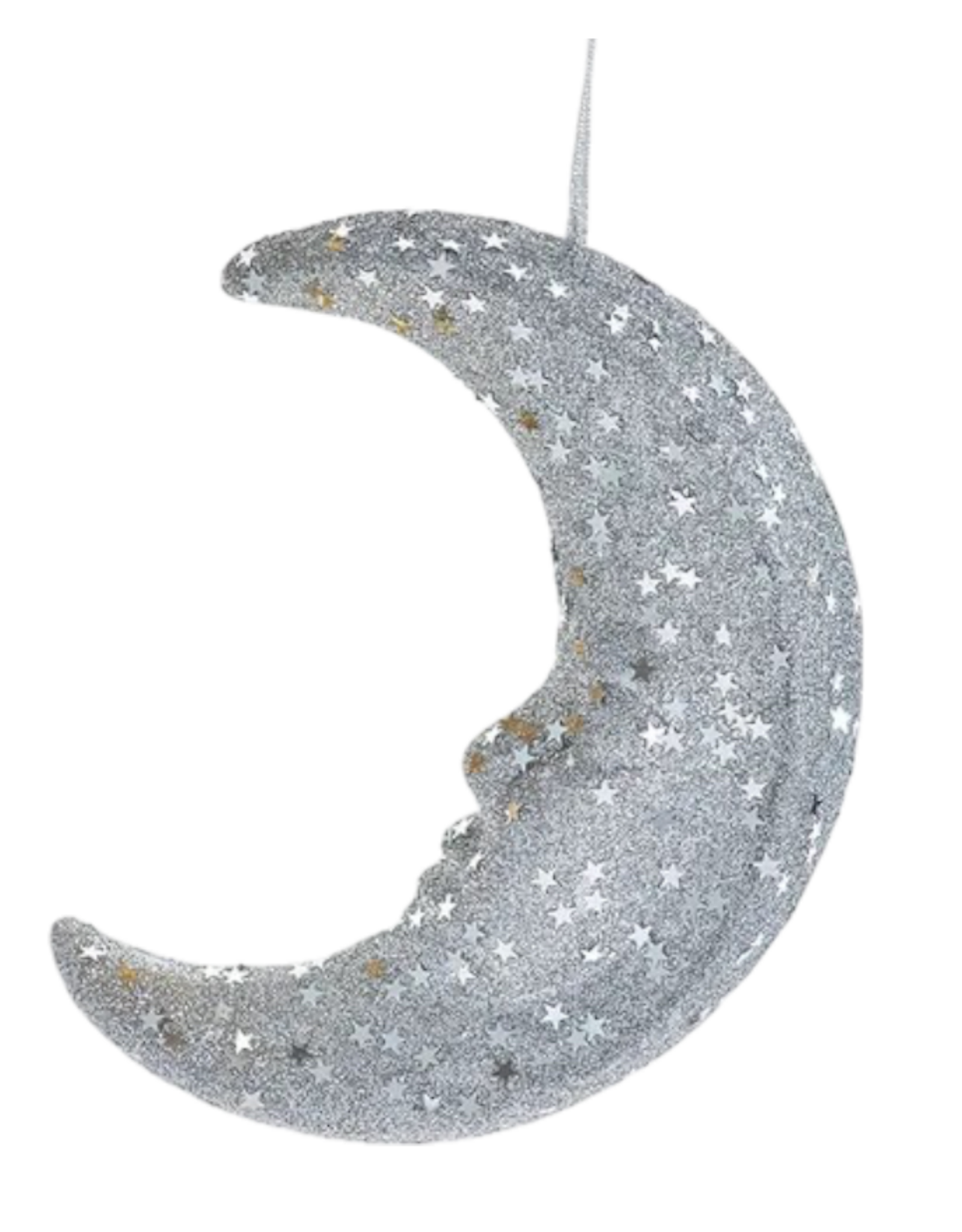 Kurt Adler Silver Crescent Moon Ornament w Star Shaped Sequins