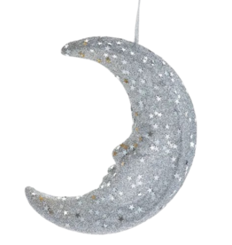 Kurt Adler Silver Crescent Moon Ornament w Star Shaped Sequins