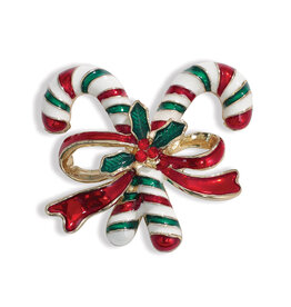 Periwinkle by Barlow Christmas Brooch Lapel Pin | Candy Canes w Red Bow