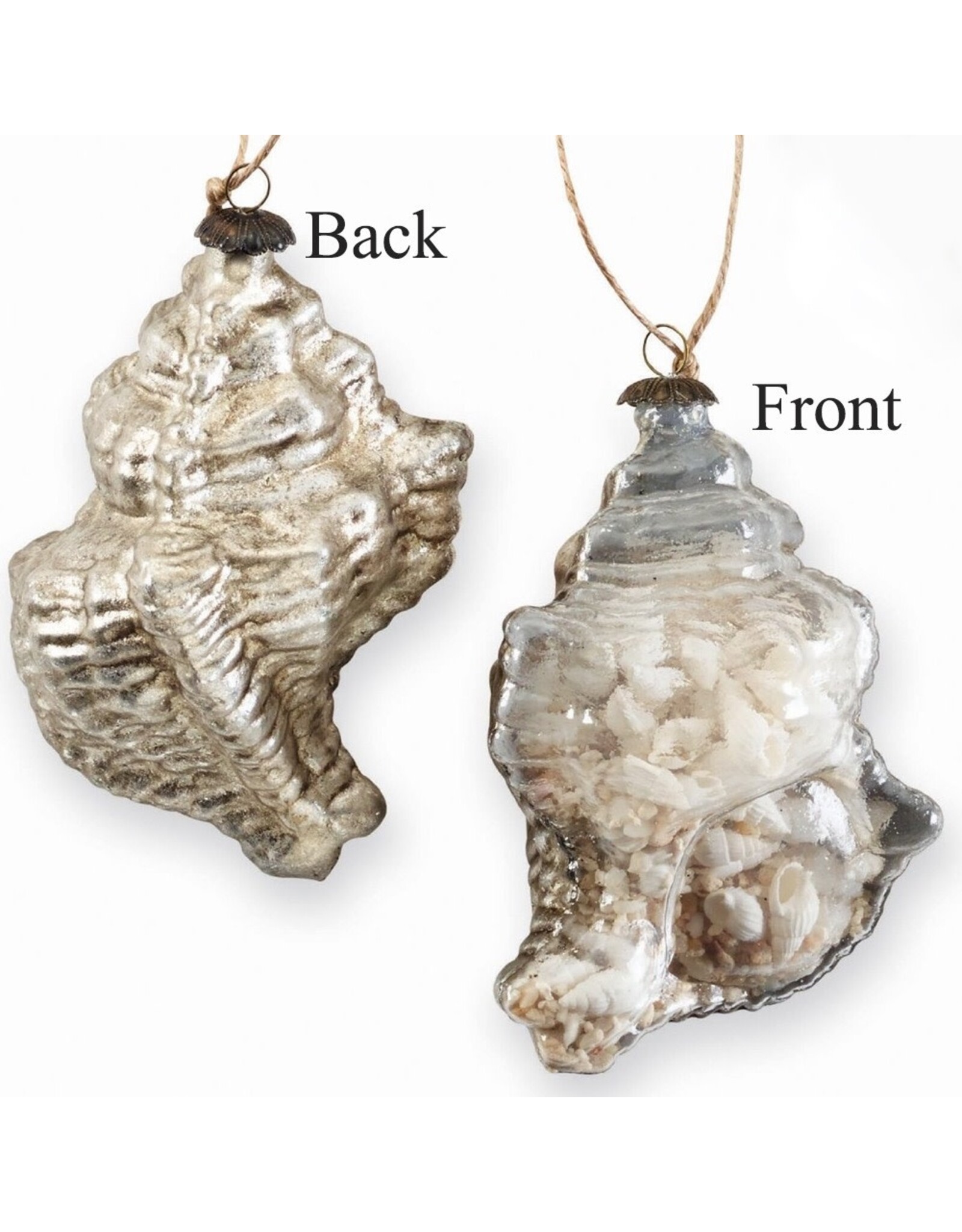 Mud Pie Glass Spiral Shell Filled Ornament w Antique Silver Backing