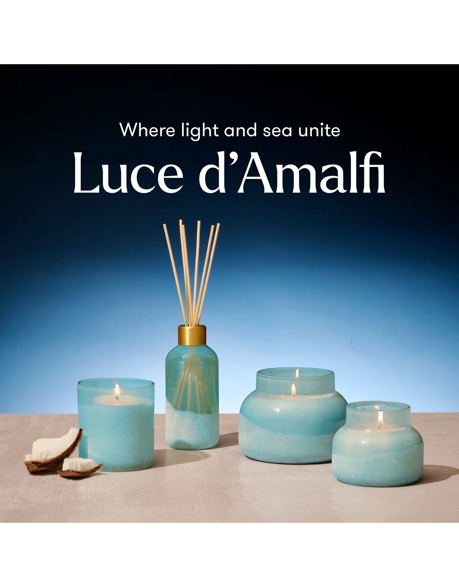 capri BLUE Coconut Santal Luce d' Almafi Petite Candle 8oz Artisan Edition