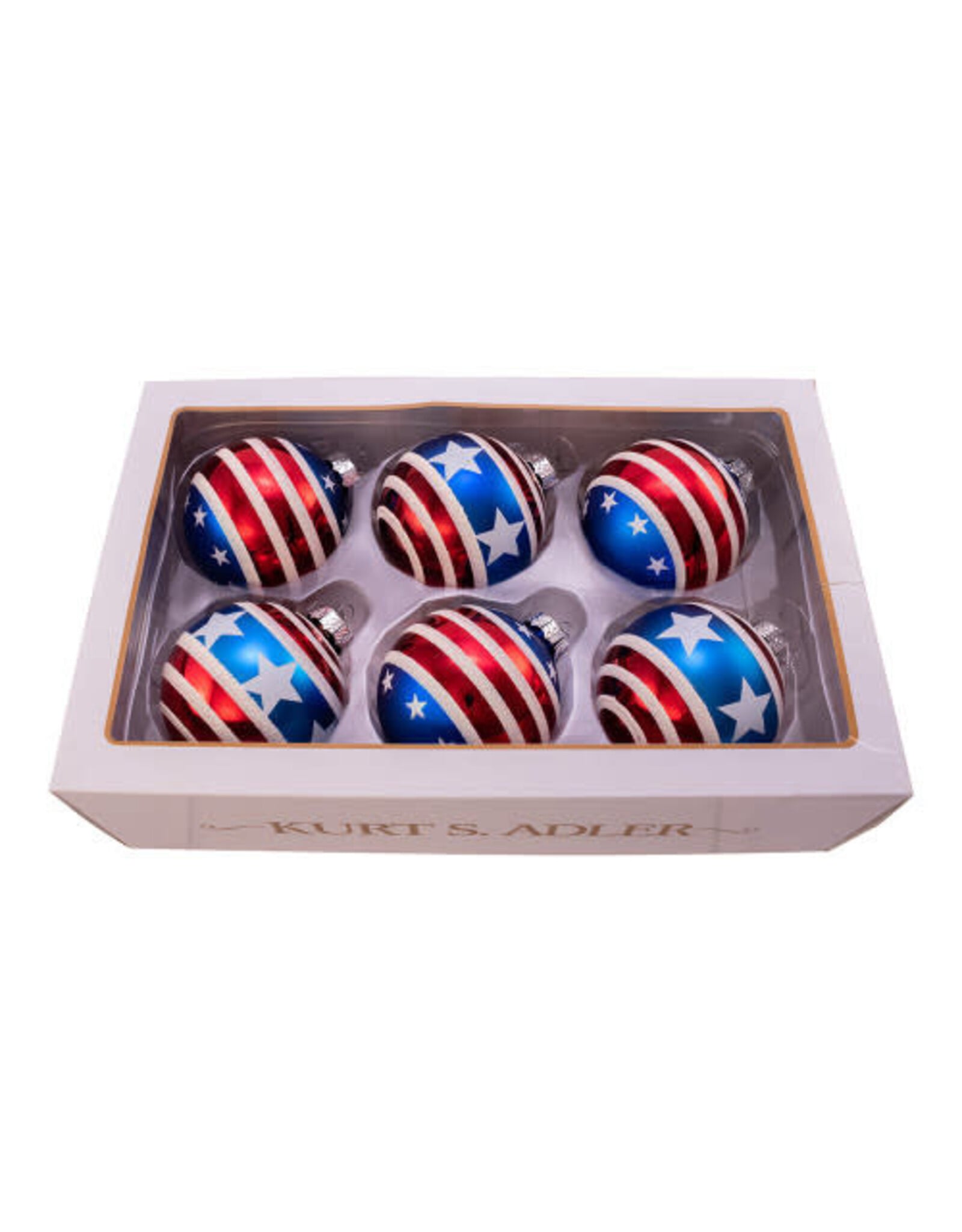 Kurt Adler Stars N Stripes RWB Glass Ball Ornaments Set of 6 80mm