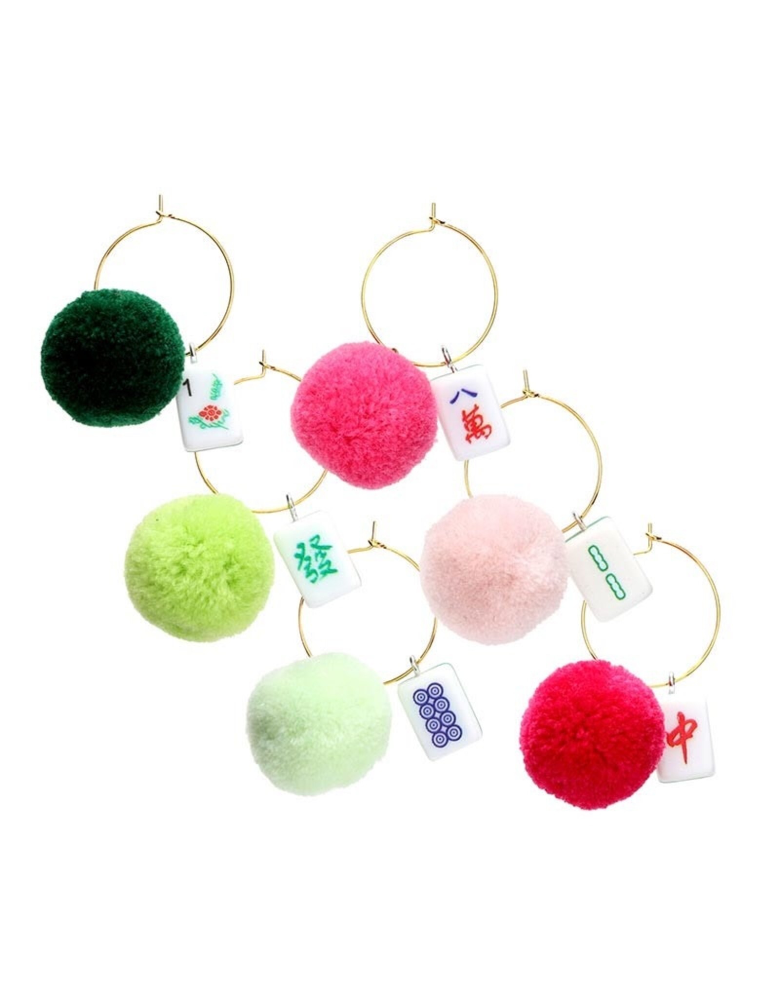 Slant Mahjong Tile w Pom Pom Wine Glass Charms Set w 6 Drink Markers