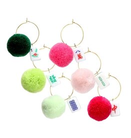 Slant Mahjong Tile w Pom Pom Wine Glass Charms Set w 6 Drink Markers
