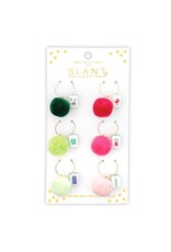 Slant Mahjong Tile w Pom Pom Wine Glass Charms Set w 6 Drink Markers