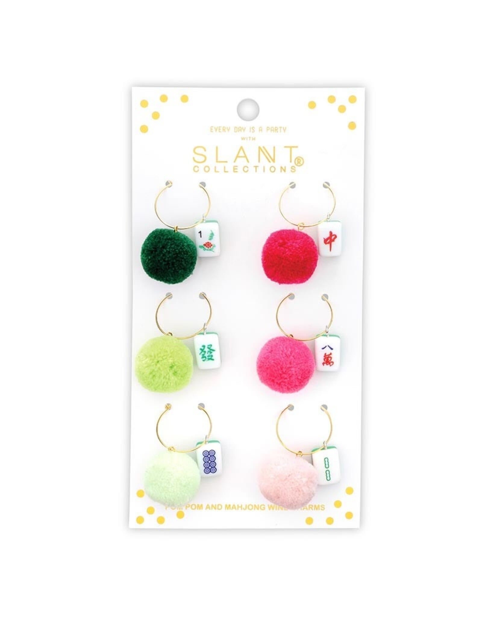 Slant Mahjong Tile w Pom Pom Wine Glass Charms Set w 6 Drink Markers