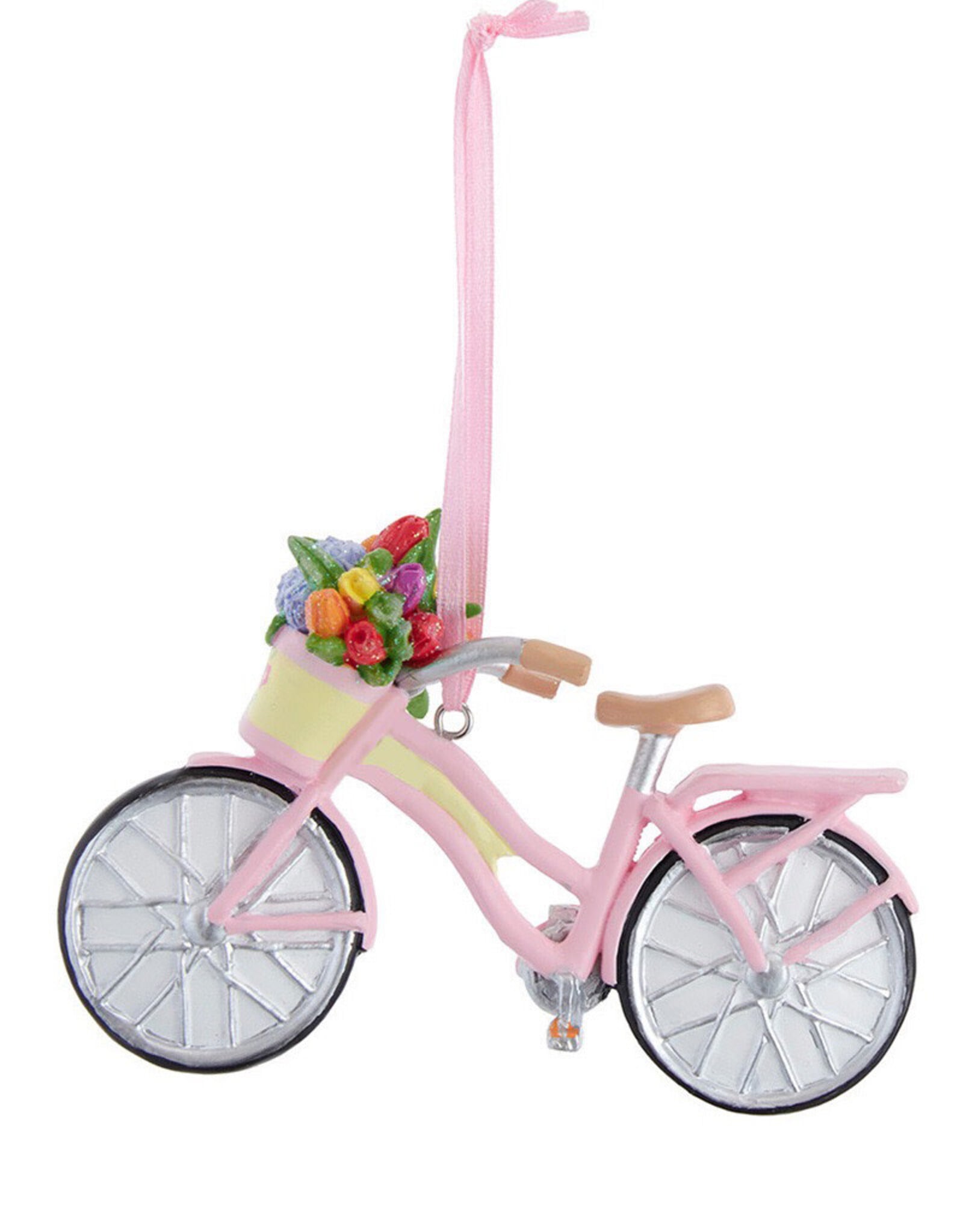 Kurt Adler Bicycle With Flower Basket Ornament 4 Inch Pink