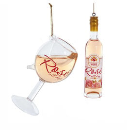 Kurt Adler Rosé Glass Wine Bottle and Wine Glass Ornaments