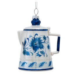 Kurt Adler Glass Blue White Delft Teapot Style Ornament 5 Inch