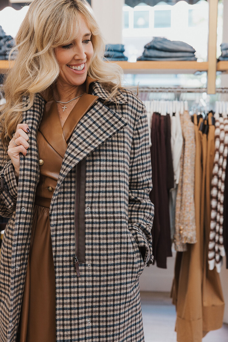 VINCE  PLAID CAR COAT LEATHER TRIM