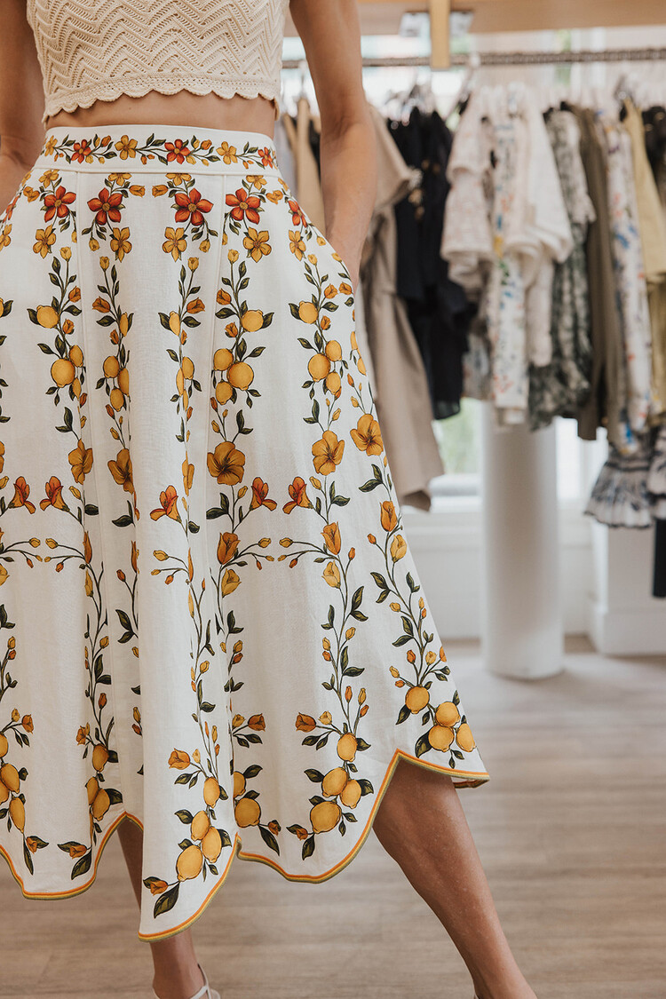 FARM RIO  LEMON BOUQUET OFF WHITE MIDI SKIRT