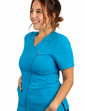 Excel Jewel Blue Asymmetrical Full Length Zipper Women's Scrub Top 575