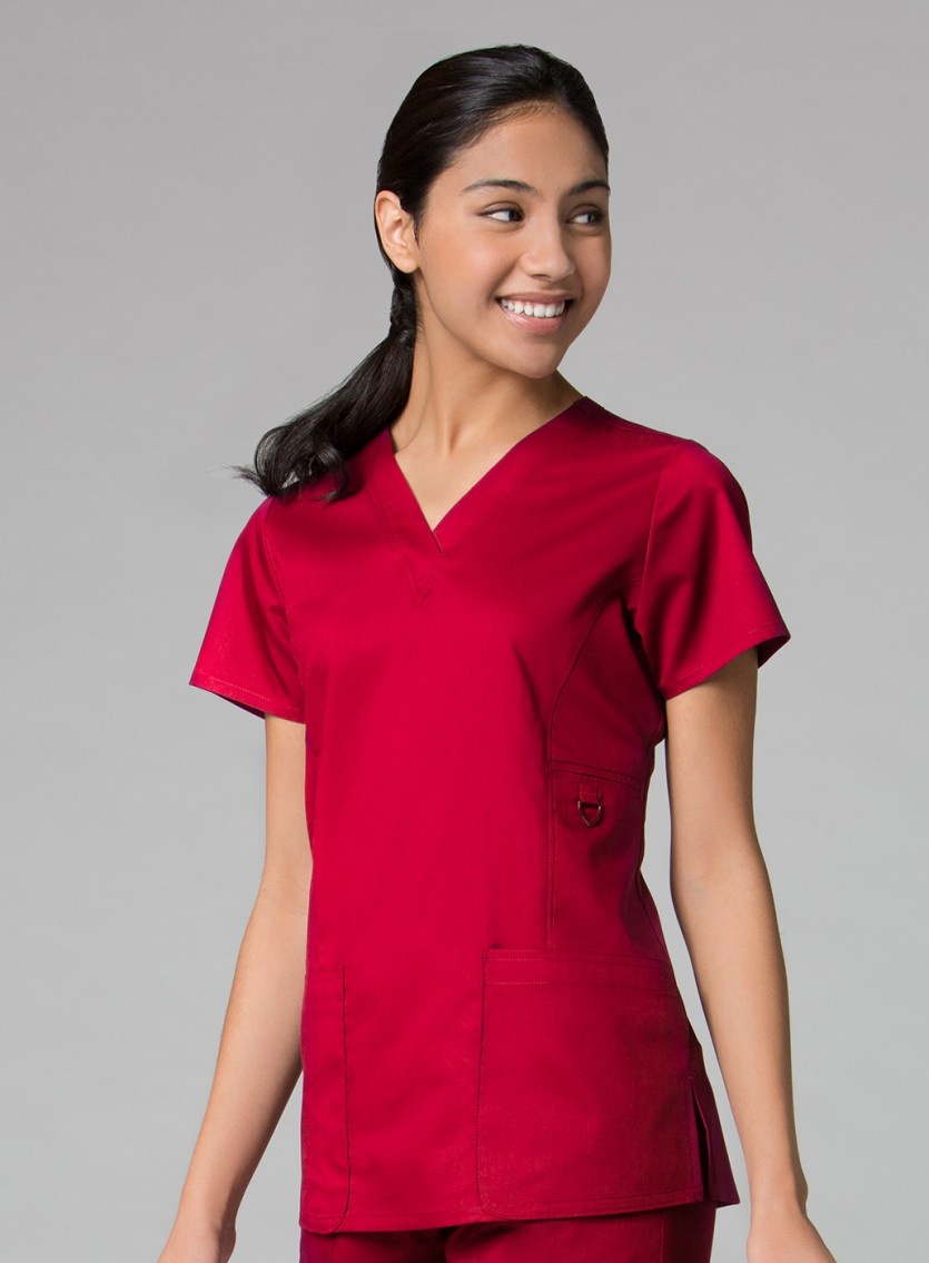 Red V-Neck Patch Pocket Women's Top 1708