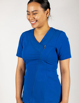 Excel Royal Blue Asymmetrical Full Length Zipper Women's Scrub Top 575