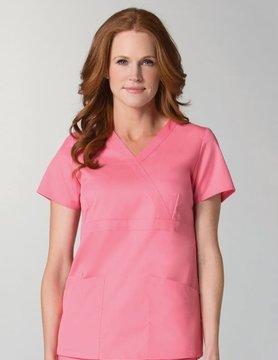 Eon Strawberry Pink Women's Back Mesh Panel Mock Wrap Scrub Top 1748