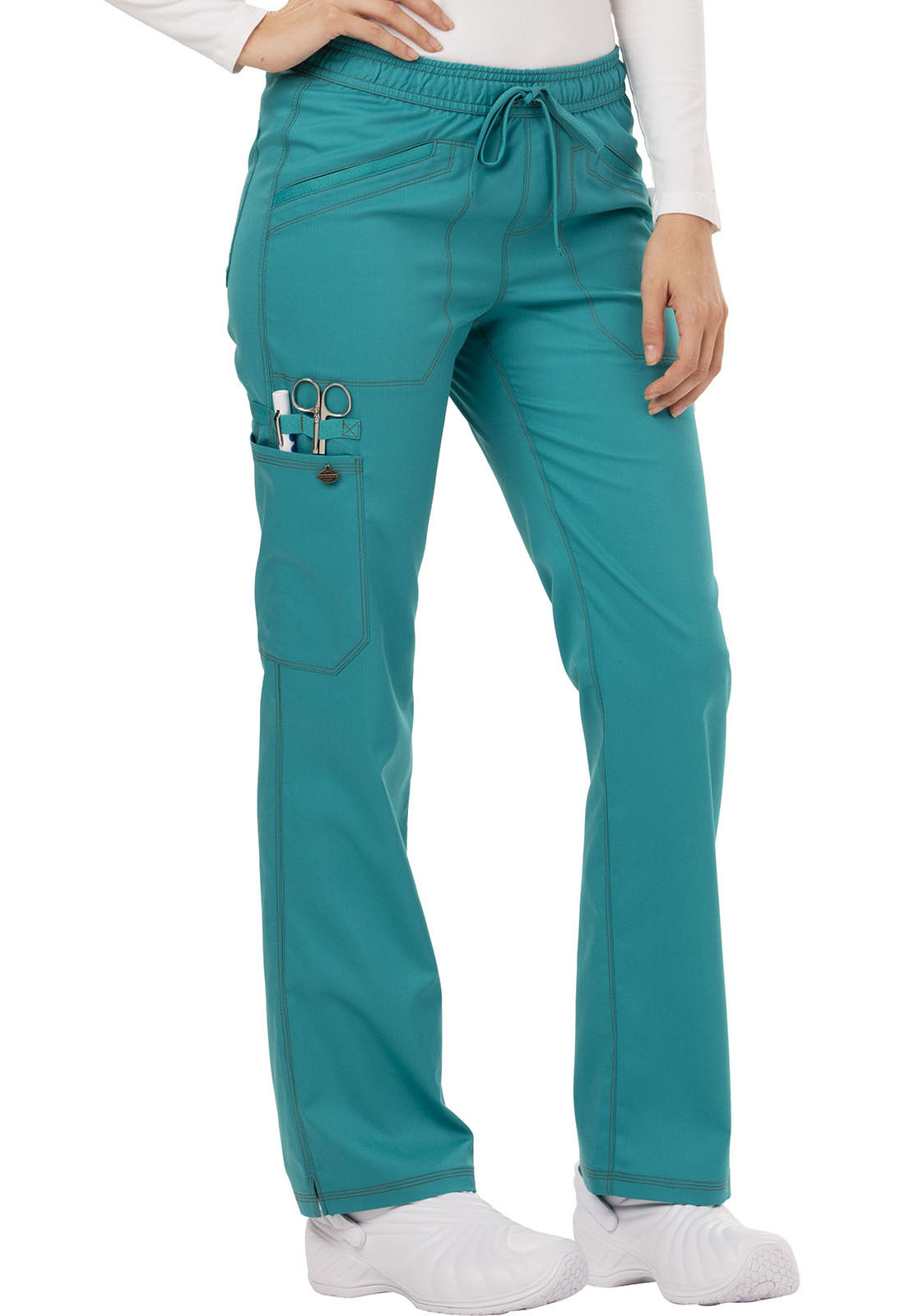 DICKIES Teal Blue Mid Rise Straight Leg Women's Petite Drawstring Pants DK106P