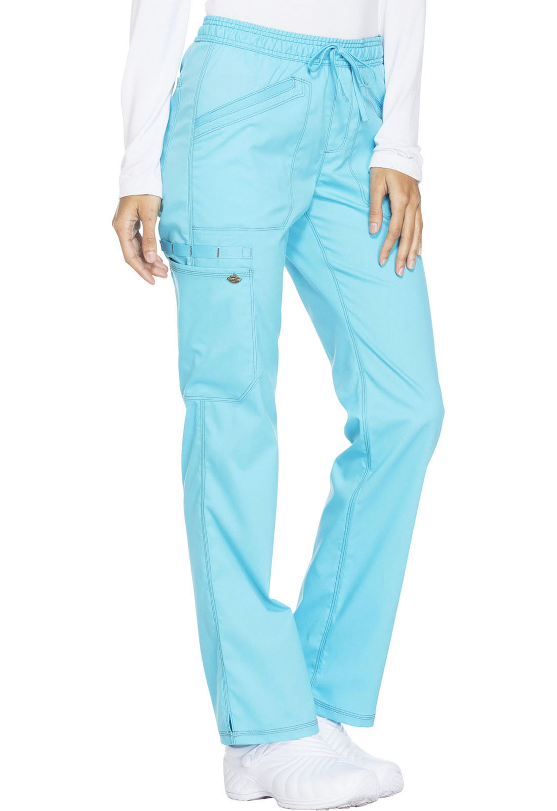 Turquoise Mid Rise Straight Leg Women's Petite Drawstring Pants DK106P