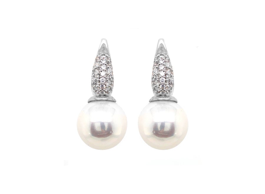 SILVER PAVE AND 12MM PEARL EARRINGS ON FRENCH HOOK (E272-RH)