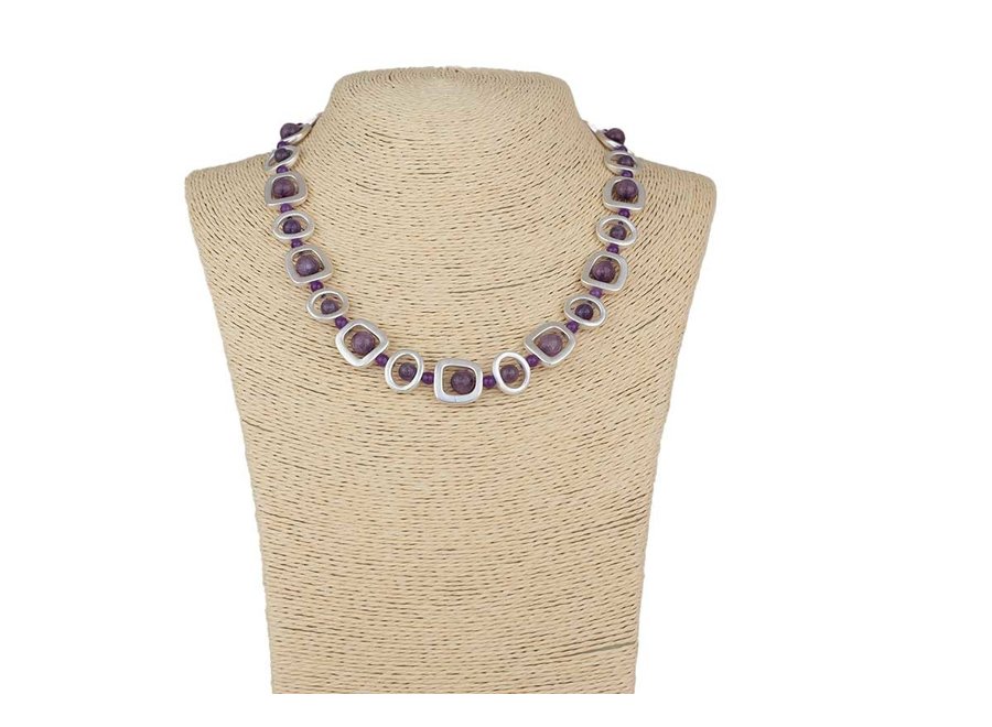 BRUSHED SILVER NECKLACE PURPLE AGATE