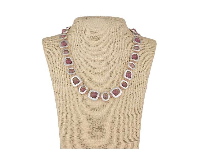 BRUSHED SILVER NECKLACE ROSE AGATE